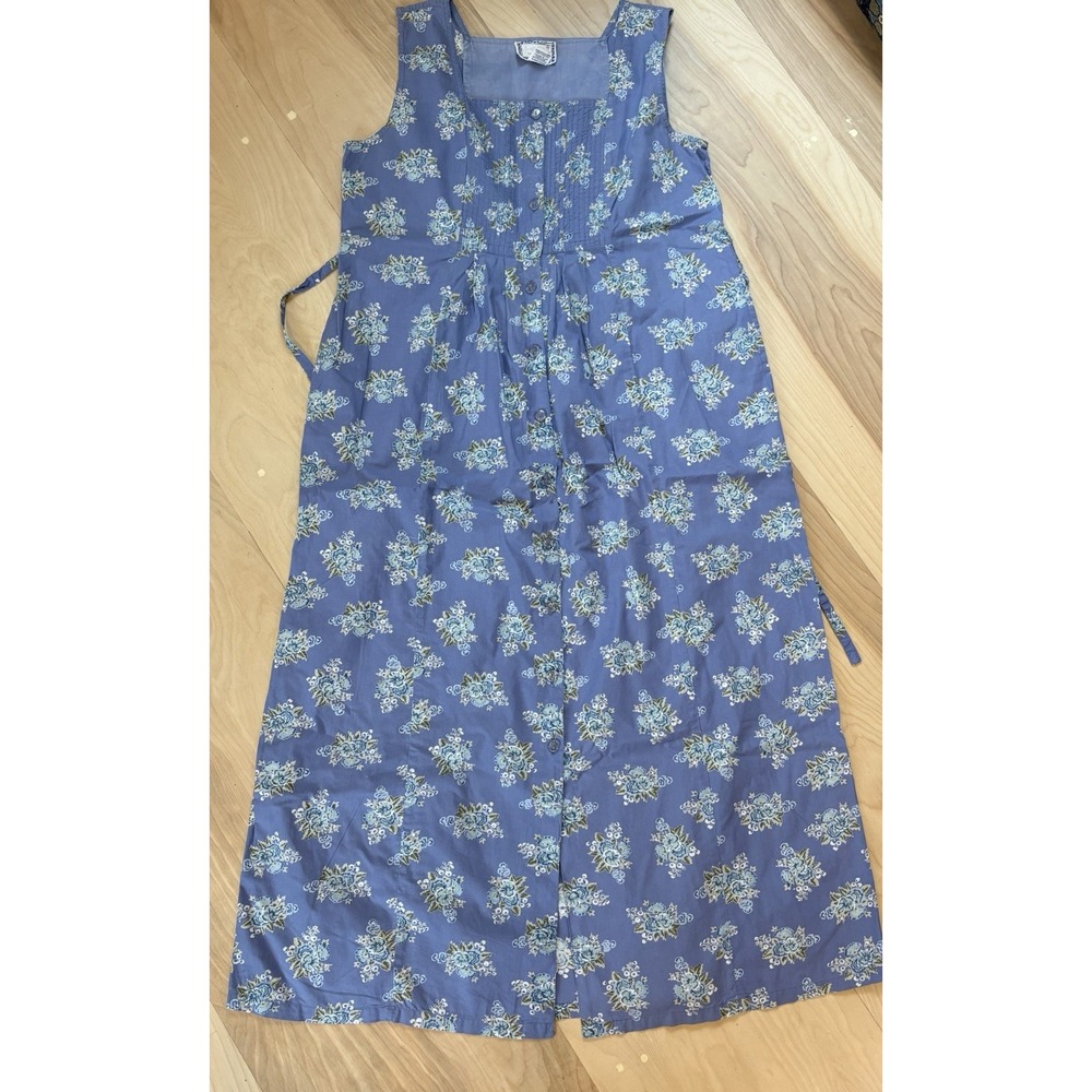 Vintage April Cornell  Blue Floral Cotton Sundress Jumper Size M Cottage-Core